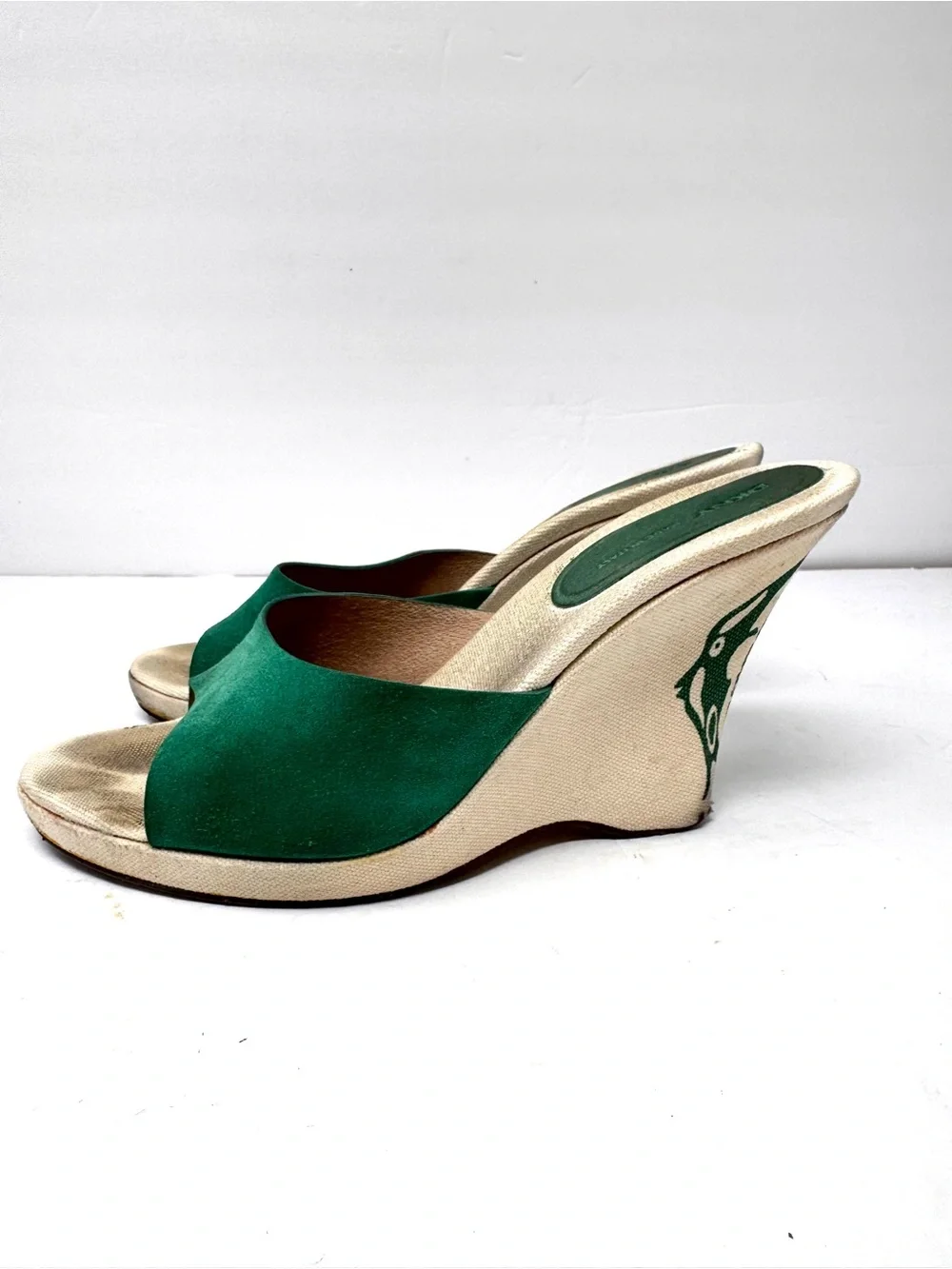 DKNY green suede peep toe wedges, made in Italy, size 8.5